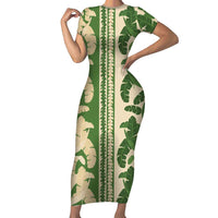 Hawaii Pua Kenikeni Lei Short Sleeve Bodycon Dress With Lau Maia Green LT05 Long Dress Green - Polynesian Pride
