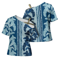 Hawaii Pua Kenikeni Lei Cross Shoulder Shirt With Lau Maia Royal Blue