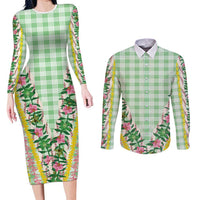 Hawaii Pikake Lokelani Plumeria Lei Couples Matching Long Sleeve Bodycon Dress and Long Sleeve Button Shirt Green Palaka Motifs