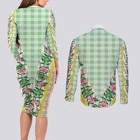 Hawaii Pikake Lokelani Plumeria Lei Couples Matching Long Sleeve Bodycon Dress and Long Sleeve Button Shirt Green Palaka Motifs