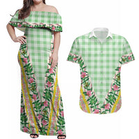 Hawaii Pikake Lokelani Plumeria Lei Couples Matching Off Shoulder Maxi Dress and Hawaiian Shirt Green Palaka Motifs