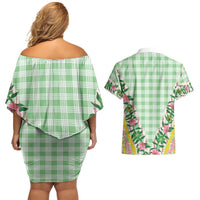 Hawaii Pikake Lokelani Plumeria Lei Couples Matching Off Shoulder Short Dress and Hawaiian Shirt Green Palaka Motifs