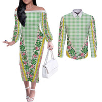 Hawaii Pikake Lokelani Plumeria Lei Couples Matching Off The Shoulder Long Sleeve Dress and Long Sleeve Button Shirt Green Palaka Motifs