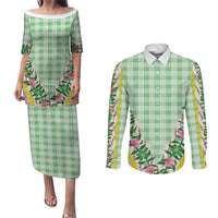 Hawaii Pikake Lokelani Plumeria Lei Couples Matching Puletasi and Long Sleeve Button Shirt Green Palaka Motifs LT05 Green - Polynesian Pride