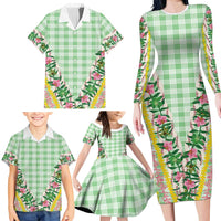 Hawaii Pikake Lokelani Plumeria Lei Family Matching Long Sleeve Bodycon Dress and Hawaiian Shirt Green Palaka Motifs LT05 - Polynesian Pride