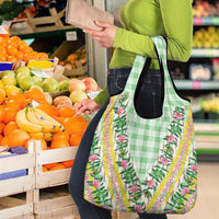 Hawaii Pikake Lokelani Plumeria Lei Grocery Bag Green Palaka Motifs