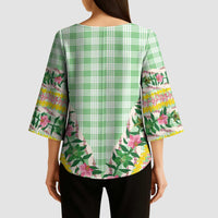 Hawaii Pikake Lokelani Plumeria Lei Kimono Sleeve Blouse Green Palaka Motifs LT05 - Polynesian Pride