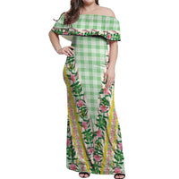 Hawaii Pikake Lokelani Plumeria Lei Off Shoulder Maxi Dress Green Palaka Motifs LT05 Women Green - Polynesian Pride