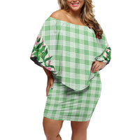 Hawaii Pikake Lokelani Plumeria Lei Off Shoulder Short Dress Green Palaka Motifs LT05 Women Green - Polynesian Pride
