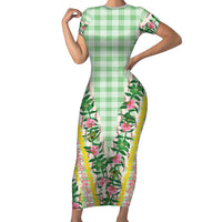 Hawaii Pikake Lokelani Plumeria Lei Short Sleeve Bodycon Dress Green Palaka Motifs LT05 Long Dress Green - Polynesian Pride