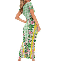 Hawaii Pikake Lokelani Plumeria Lei Short Sleeve Bodycon Dress Green Palaka Motifs LT05 - Polynesian Pride