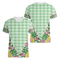 Hawaii Pikake Lokelani Plumeria Lei Women V-Neck T-Shirt Green Palaka Motifs