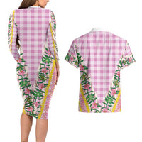 Hawaii Pikake Lokelani Plumeria Lei Couples Matching Long Sleeve Bodycon Dress and Hawaiian Shirt Pink Palaka Motifs LT05 - Polynesian Pride