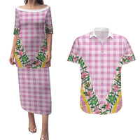 Hawaii Pikake Lokelani Plumeria Lei Couples Matching Puletasi and Hawaiian Shirt Pink Palaka Motifs