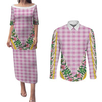 Hawaii Pikake Lokelani Plumeria Lei Couples Matching Puletasi and Long Sleeve Button Shirt Pink Palaka Motifs LT05 Pink - Polynesian Pride