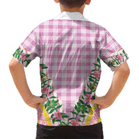 Hawaii Pikake Lokelani Plumeria Lei Family Matching Off The Shoulder Long Sleeve Dress and Hawaiian Shirt Pink Palaka Motifs LT05 - Polynesian Pride