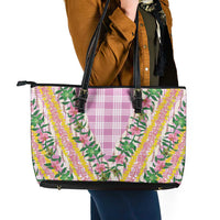 Hawaii Pikake Lokelani Plumeria Lei Leather Tote Bag Pink Palaka Motifs LT05 - Polynesian Pride