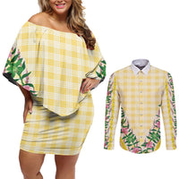 Hawaii Pikake Lokelani Plumeria Lei Couples Matching Off Shoulder Short Dress and Long Sleeve Button Shirt Yellow Palaka Motifs