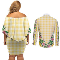 Hawaii Pikake Lokelani Plumeria Lei Couples Matching Off Shoulder Short Dress and Long Sleeve Button Shirt Yellow Palaka Motifs