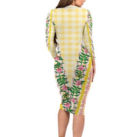 Hawaii Pikake Lokelani Plumeria Lei Long Sleeve Bodycon Dress Yellow Palaka Motifs LT05 - Polynesian Pride
