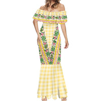 Hawaii Pikake Lokelani Plumeria Lei Mermaid Dress Yellow Palaka Motifs LT05 - Polynesian Pride