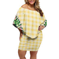 Hawaii Pikake Lokelani Plumeria Lei Off Shoulder Short Dress Yellow Palaka Motifs LT05 Women Yellow - Polynesian Pride