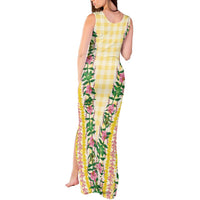 Hawaii Pikake Lokelani Plumeria Lei Tank Maxi Dress Yellow Palaka Motifs LT05 - Polynesian Pride