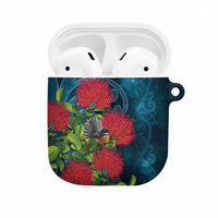New Zealand Matariki Piwakawaka AirPods Case Maori Koru With Pohutukawa Flowers LT05 Dark Teal - Polynesian Pride