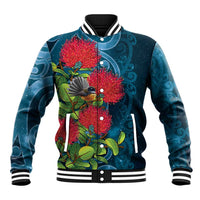 New Zealand Matariki Piwakawaka Baseball Jacket Maori Koru With Pohutukawa Flowers LT05 Unisex Dark Teal - Polynesian Pride