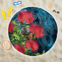 New Zealand Matariki Piwakawaka Beach Blanket Maori Koru With Pohutukawa Flowers LT05 One Size 150cm Dark Teal - Polynesian Pride