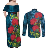 New Zealand Matariki Piwakawaka Couples Matching Off Shoulder Maxi Dress and Long Sleeve Button Shirt Maori Koru With Pohutukawa Flowers LT05 - Polynesian Pride