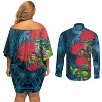 New Zealand Matariki Piwakawaka Couples Matching Off Shoulder Short Dress and Long Sleeve Button Shirt Maori Koru With Pohutukawa Flowers LT05 - Polynesian Pride