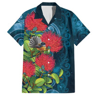 New Zealand Matariki Piwakawaka Family Matching Puletasi and Hawaiian Shirt Maori Koru With Pohutukawa Flowers LT05 Dad's Shirt - Short Sleeve Dark Teal - Polynesian Pride