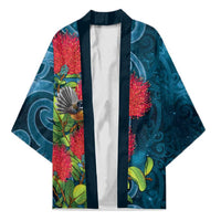 New Zealand Matariki Piwakawaka Kimono Maori Koru With Pohutukawa Flowers LT05 Unisex Dark Teal - Polynesian Pride