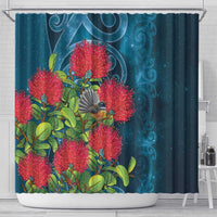 New Zealand Matariki Piwakawaka Shower Curtain Maori Koru With Pohutukawa Flowers