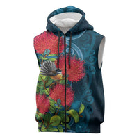 New Zealand Matariki Piwakawaka Sleeveless Zip Hoodie Maori Koru With Pohutukawa Flowers LT05 Dark Teal - Polynesian Pride