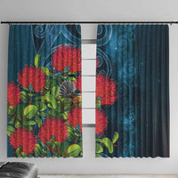 New Zealand Matariki Piwakawaka Window Curtain Maori Koru With Pohutukawa Flowers LT05 With Hooks Dark Teal - Polynesian Pride