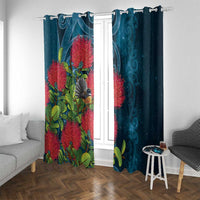 New Zealand Matariki Piwakawaka Window Curtain Maori Koru With Pohutukawa Flowers LT05 With Grommets Dark Teal - Polynesian Pride