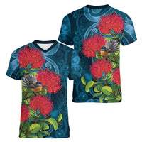 New Zealand Matariki Piwakawaka Women V-Neck T-Shirt Maori Koru With Pohutukawa Flowers LT05 - Polynesian Pride