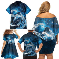 New Zealand Matariki Family Matching Off Shoulder Short Dress and Hawaiian Shirt Pigeon Kereru Maori Fern Art LT05 - Polynesian Pride