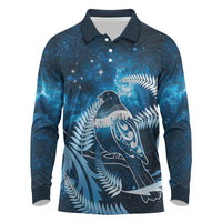 New Zealand Matariki Long Sleeve Polo Shirt Pigeon Kereru Maori Fern Art LT05 Blue - Polynesian Pride