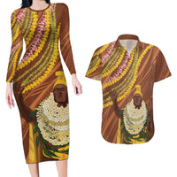 Hawaii King Kamehameha Couples Matching Long Sleeve Bodycon Dress and Hawaiian Shirt Hawaiian Kakau Pattern With Leis LT05 Brown - Polynesian Pride