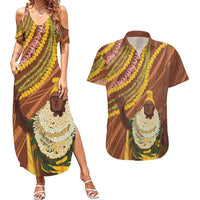 Hawaii King Kamehameha Couples Matching Summer Maxi Dress and Hawaiian Shirt Hawaiian Kakau Pattern With Leis LT05 Brown - Polynesian Pride