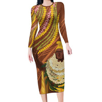 Hawaii King Kamehameha Family Matching Long Sleeve Bodycon Dress and Hawaiian Shirt Hawaiian Kakau Pattern With Leis