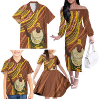 Hawaii King Kamehameha Family Matching Off The Shoulder Long Sleeve Dress and Hawaiian Shirt Hawaiian Kakau Pattern With Leis