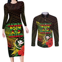 Personalized Hawaii Born and Raised Couples Matching Long Sleeve Bodycon Dress and Long Sleeve Button Shirt Kanaka Maoli Flag Day LT05 Reggae - Polynesian Pride