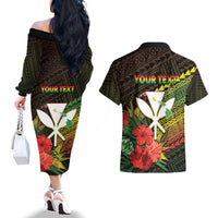 Personalized Hawaii Born and Raised Couples Matching Off The Shoulder Long Sleeve Dress and Hawaiian Shirt Kanaka Maoli Flag Day