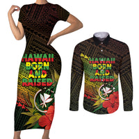 Personalized Hawaii Born and Raised Couples Matching Short Sleeve Bodycon Dress and Long Sleeve Button Shirt Kanaka Maoli Flag Day LT05 Reggae - Polynesian Pride