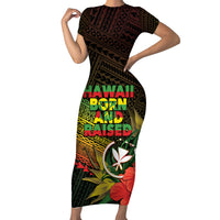 Personalized Hawaii Born and Raised Family Matching Short Sleeve Bodycon Dress and Hawaiian Shirt Kanaka Maoli Flag Day LT05 Mom's Dress Reggae - Polynesian Pride