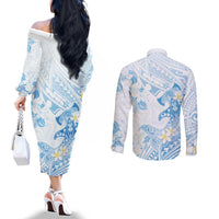 Polynesia Hammerhead Shark Couples Matching Off The Shoulder Long Sleeve Dress and Long Sleeve Button Shirt Tropical Flowers Tribal Pattern Blue